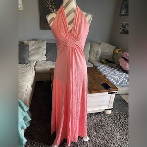 1970's Peach Sleeveless Maxi Dress Plunging Neckline Flowy